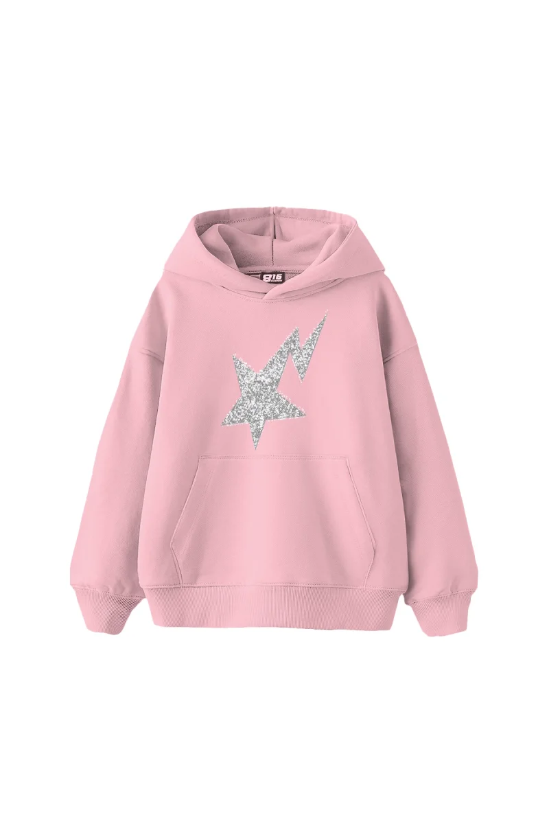 Taş Baskı Shining Star Oversize Unisex Premium Pembe Hoodie