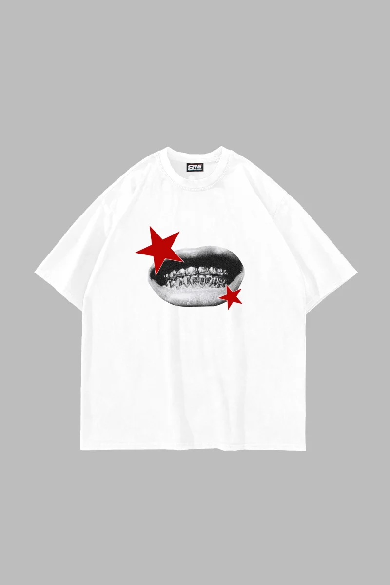 Teeth Star Baskılı Oversize Unisex Beyaz Tshirt