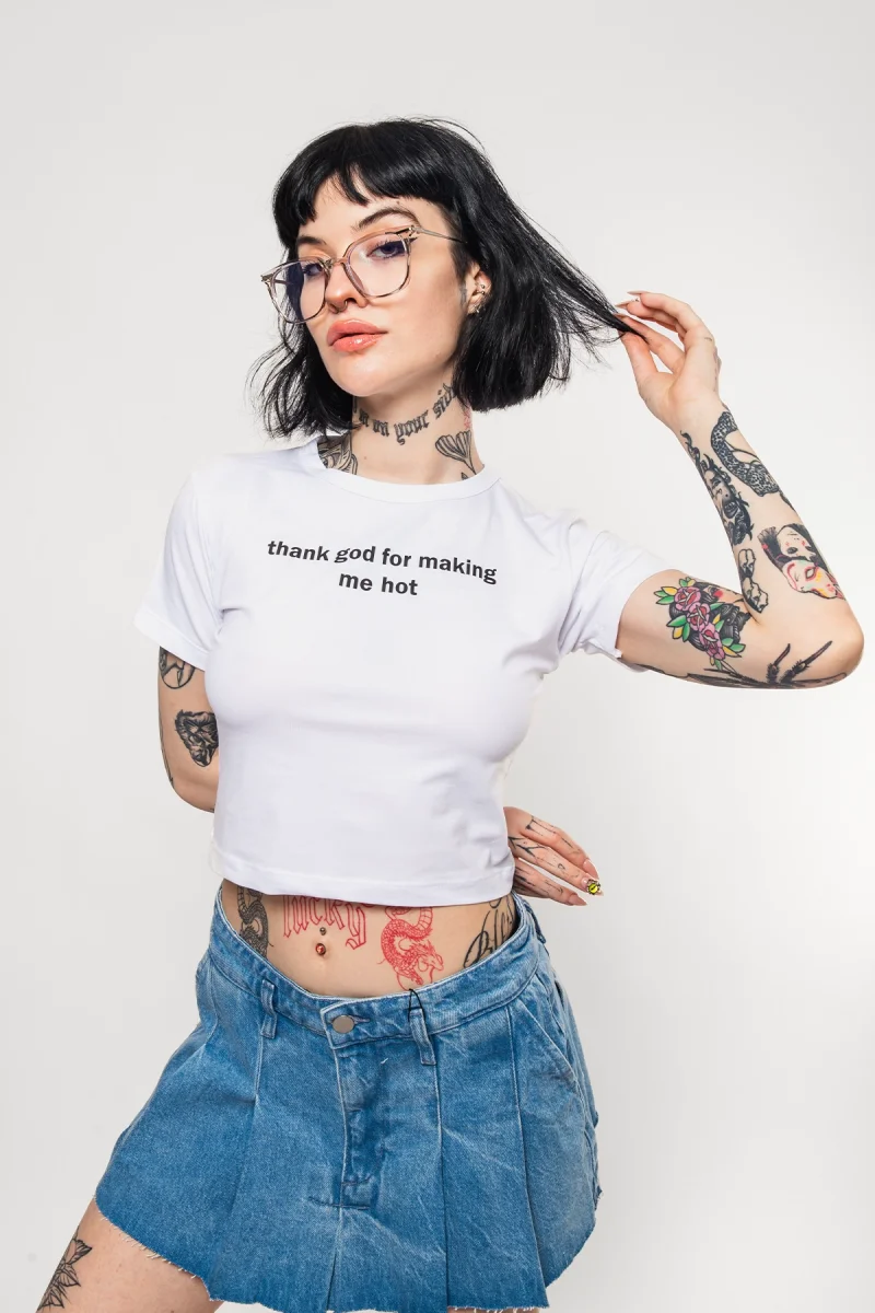 Thank God Baskılı Beyaz Crop Top