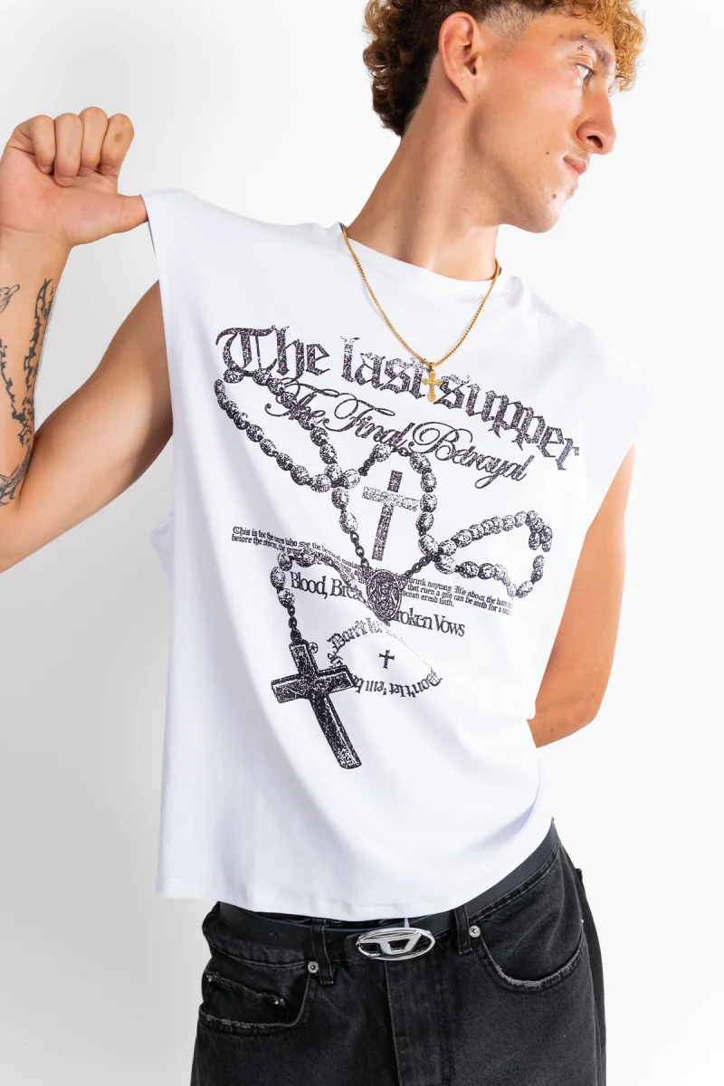 The Last Supper Gotik Baskılı Beyaz Sıfır Kol Tshirt