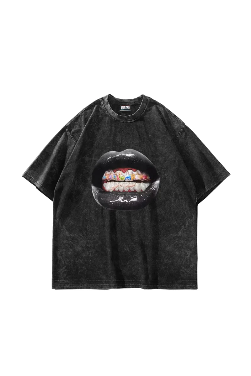 The Last Supper Teeth Baskılı Oversize Unisex Yıkamalı Siyah Tshirt