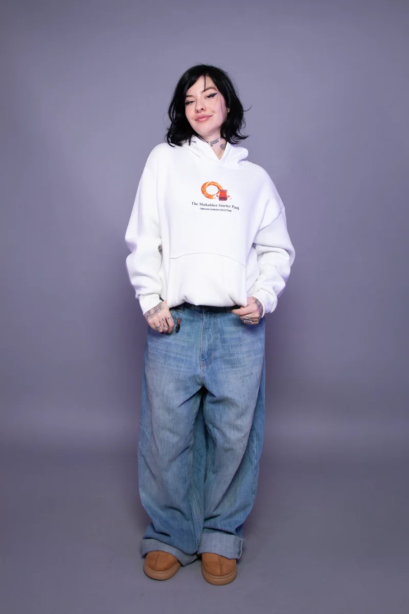 The Muhabbet Baskılı Oversize Unisex Beyaz Hoodie