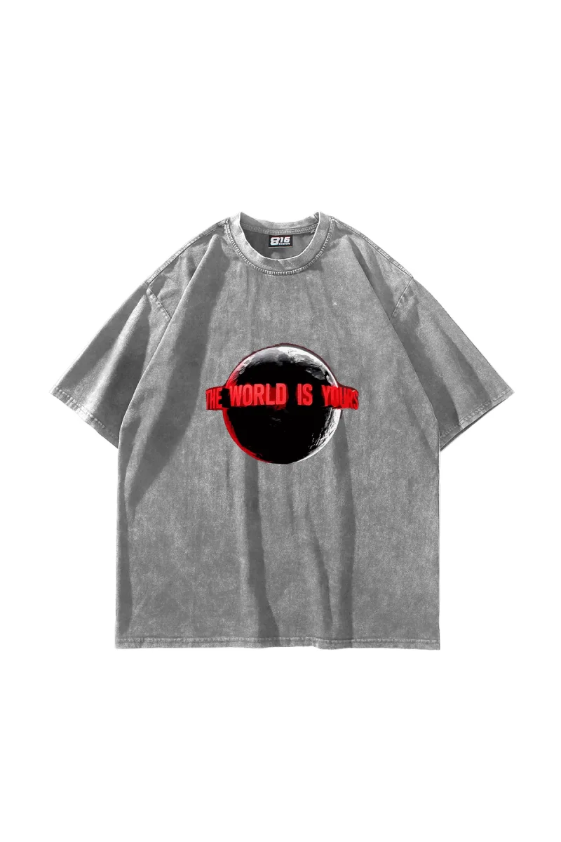 The World Is Yours V2 Baskılı Oversize Unisex Yıkamalı Beyaz Tshirt