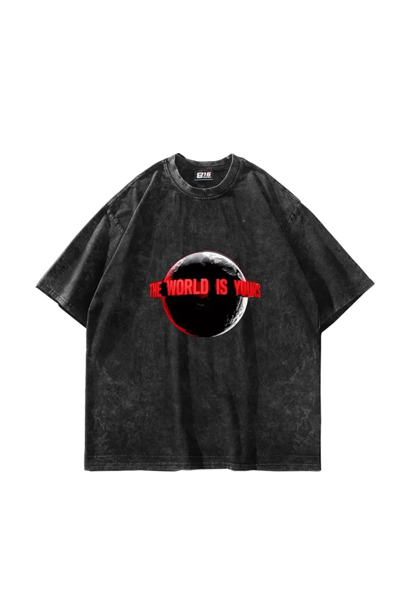 The World Is Yours V2 Baskılı Oversize Unisex Yıkamalı Siyah Tshirt
