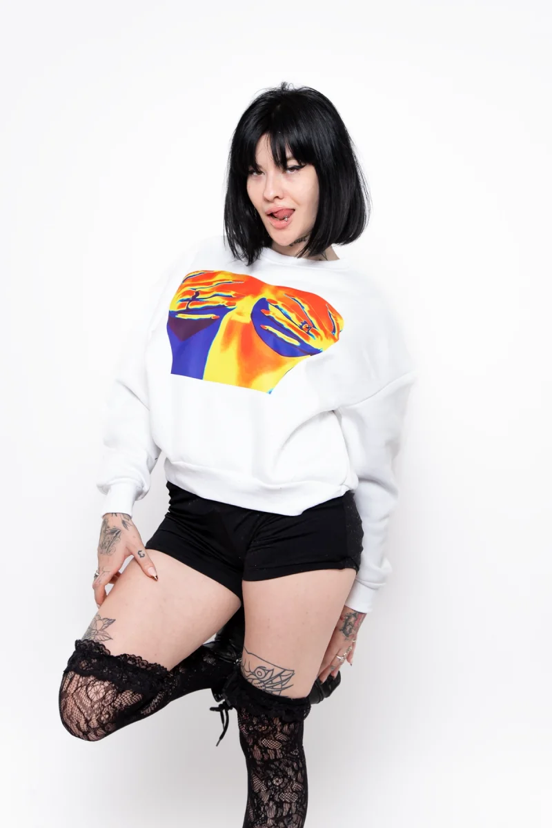 Thermal Boobs Baskılı Kapüşonsuz Relaxed Fit Kadın Beyaz Sweatshirt