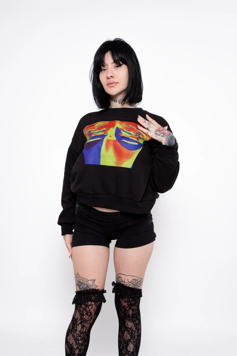 Thermal Boobs Baskılı Kapüşonsuz Relaxed Fit Kadın Siyah Sweatshirt