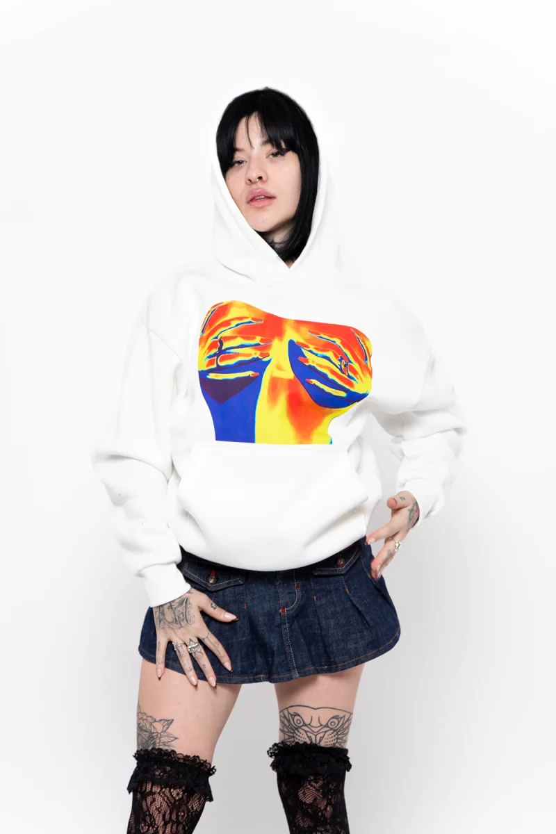 Thermal Boobs Baskılı Oversize Unisex Beyaz Hoodie