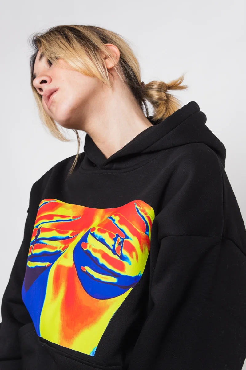 Thermal Boobs Baskılı Oversize Unisex Siyah Hoodie