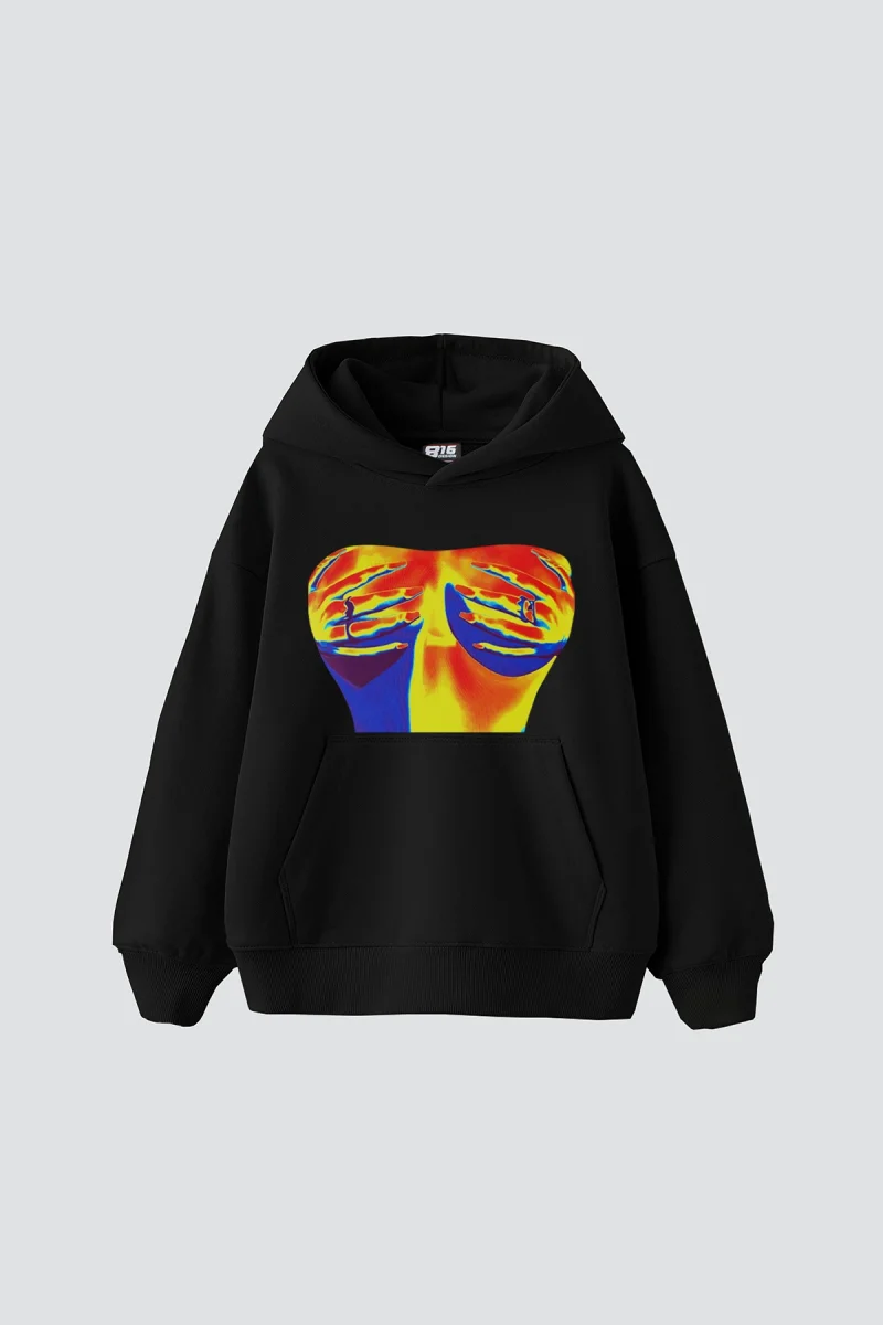 Thermal Boobs Baskılı Oversize Unisex Siyah Hoodie