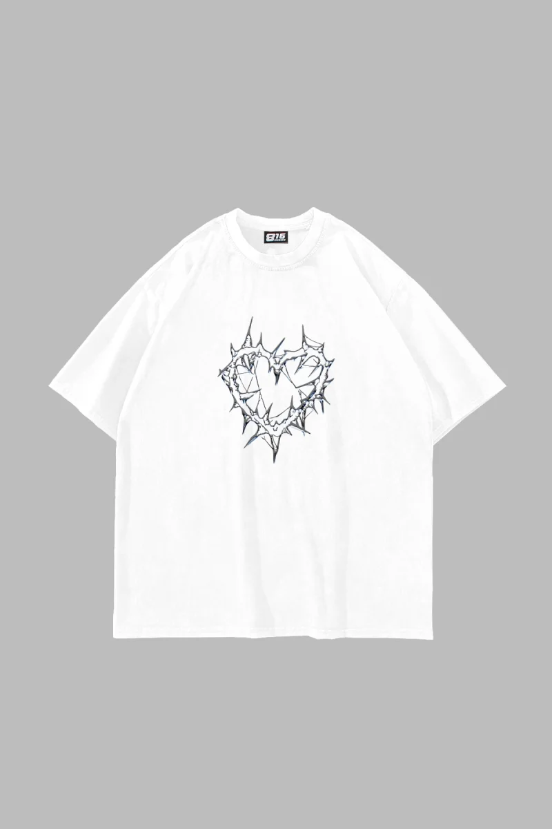 Thorny Heart Baskılı Oversize Unisex Beyaz Tshirt