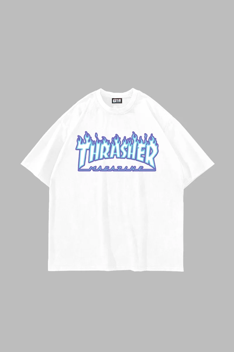 Thrasher Flam Baskılı Oversize Unisex Beyaz Tshirt