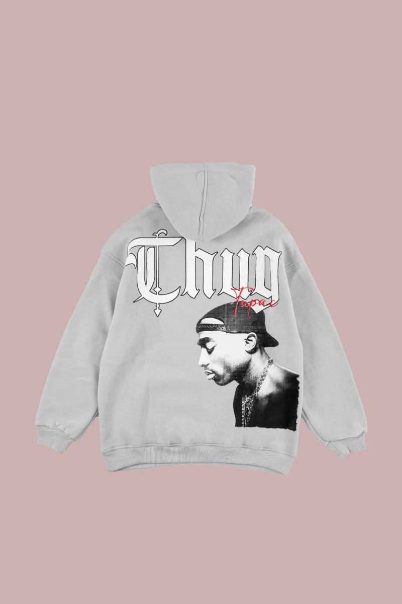 Thug Life X 2Pac Sırt Baskılı Oversize Unisex Gri Hoodie