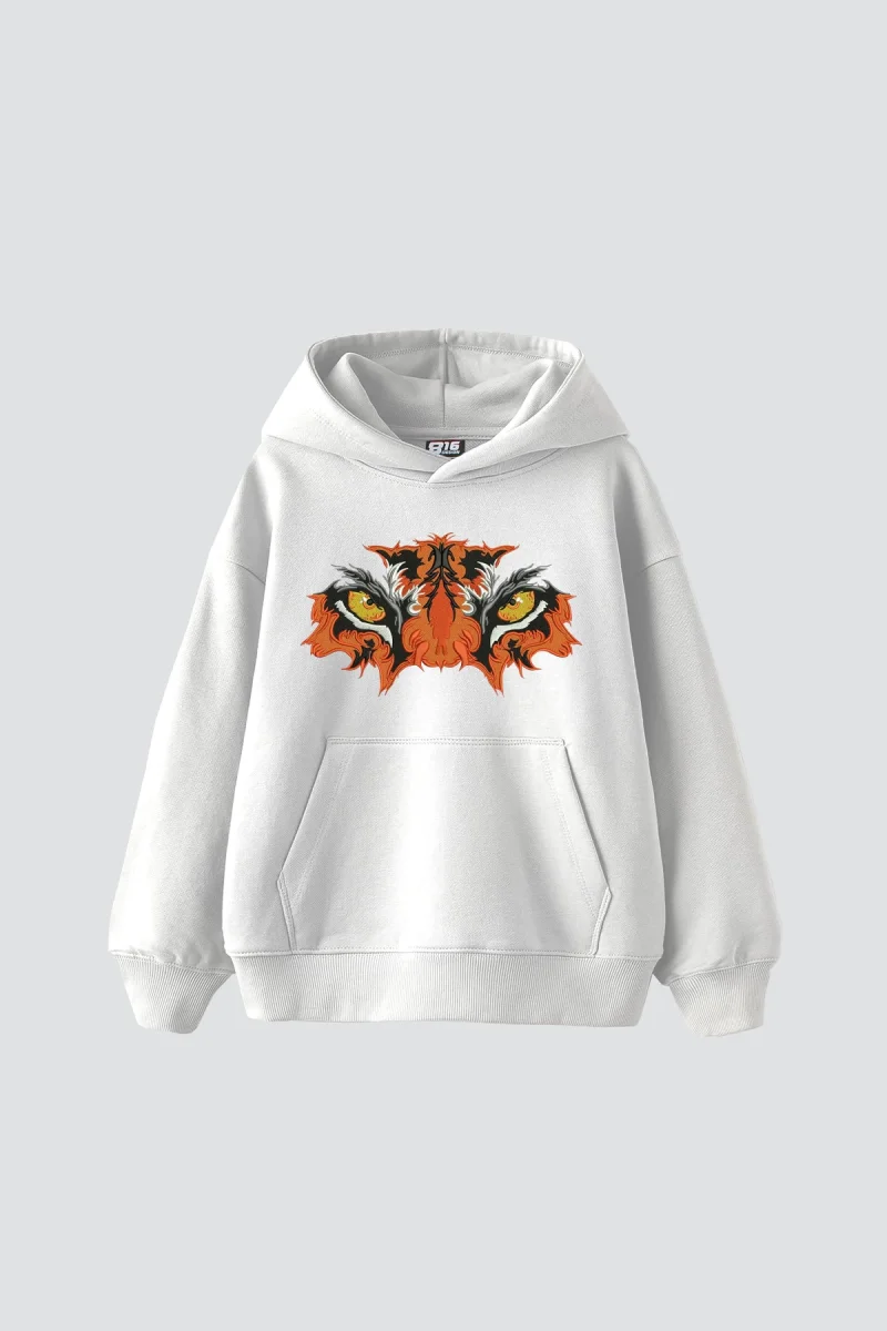 Tiger Eyes1 Baskılı Oversize Unisex Premium Beyaz Hoodie