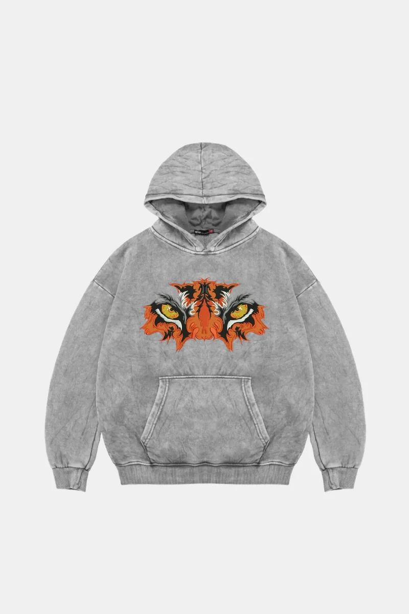 Tiger Eyes1 Baskılı Oversize Unisex Premium Yıkamalı Beyaz Hoodie