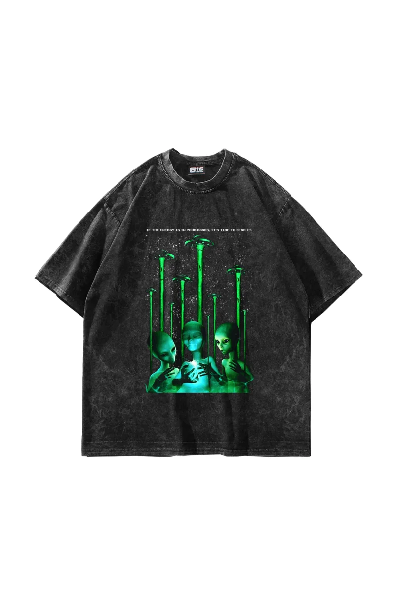 Time To Bend It Baskılı Oversize Unisex Yıkamalı Siyah Tshirt