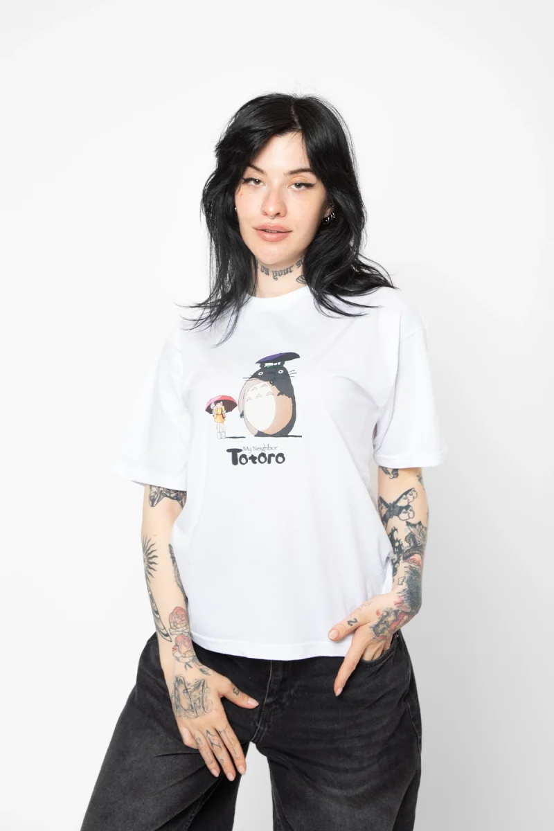Totoro Baskılı Rahat Kalıp 30/1 Unisex Beyaz Tshirt