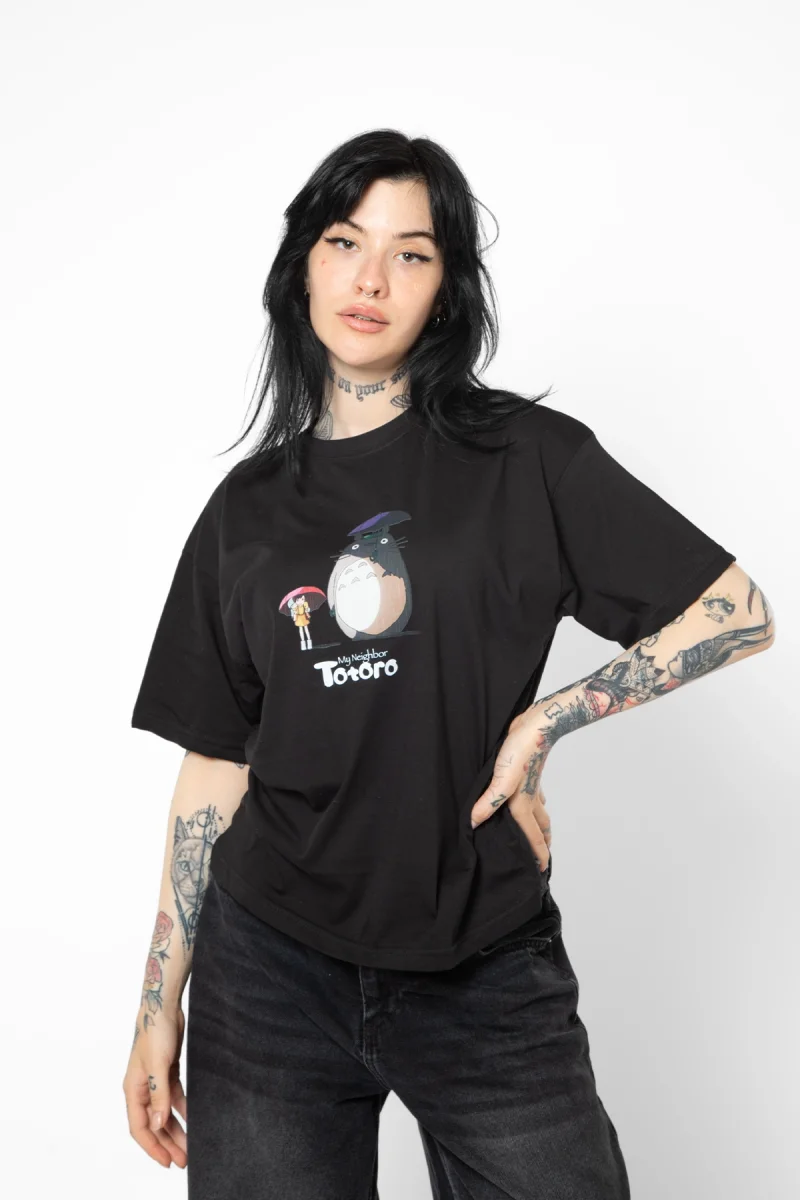 Totoro Baskılı Rahat Kalıp 30/1 Unisex Siyah Tshirt