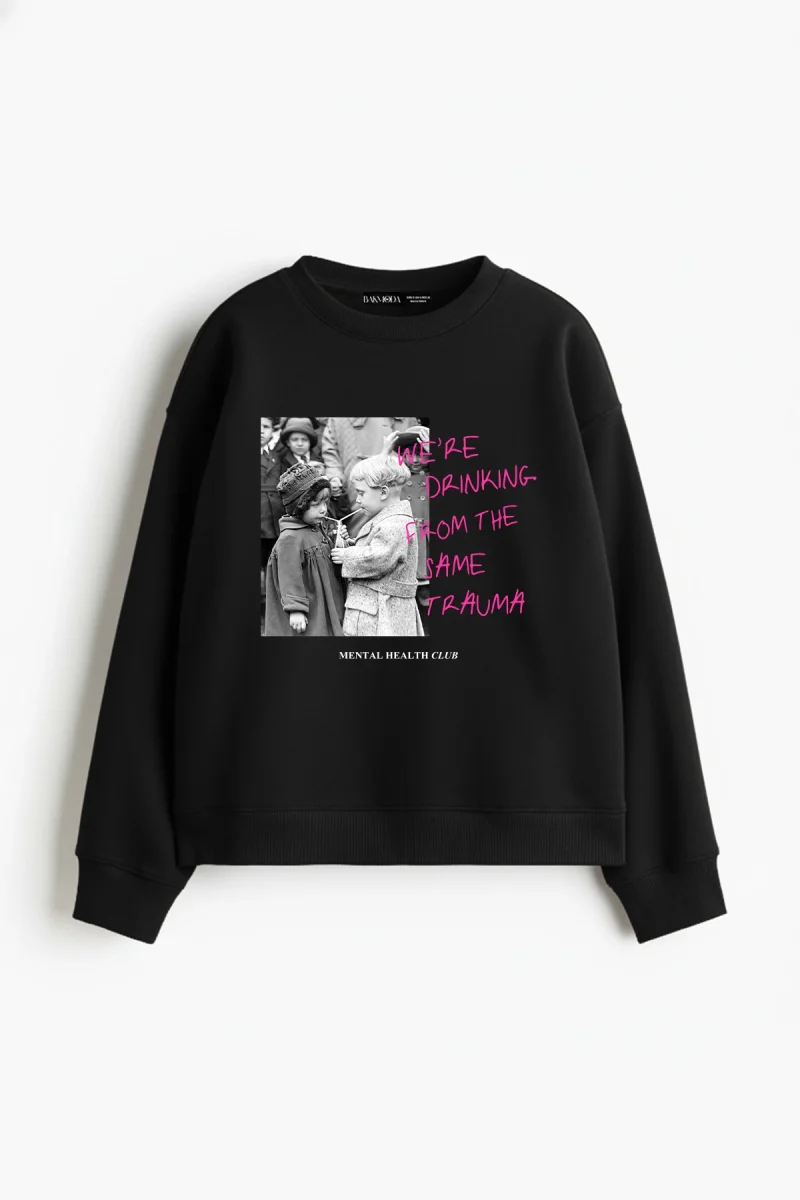 Trauma Baskılı Kapüşonsuz Relaxed Fit Kadın Siyah Sweatshirt
