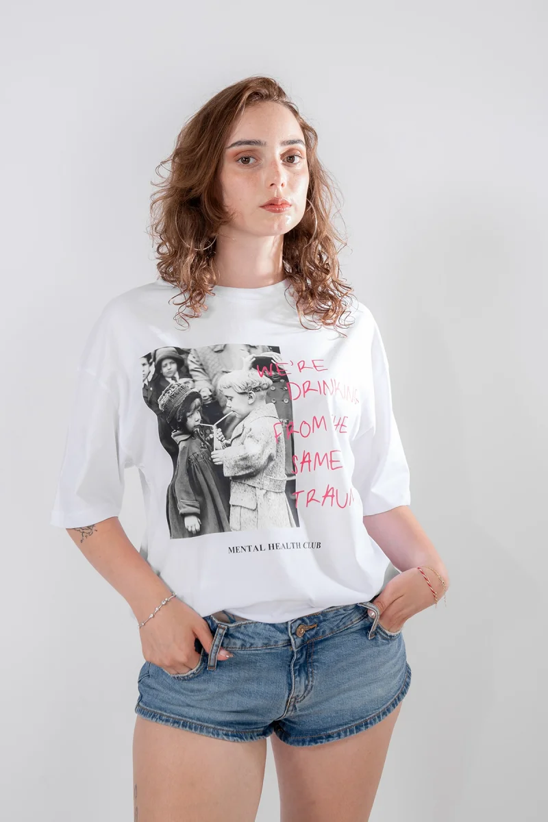 Trauma Vintage Baskılı Oversize Unisex Beyaz Tshirt