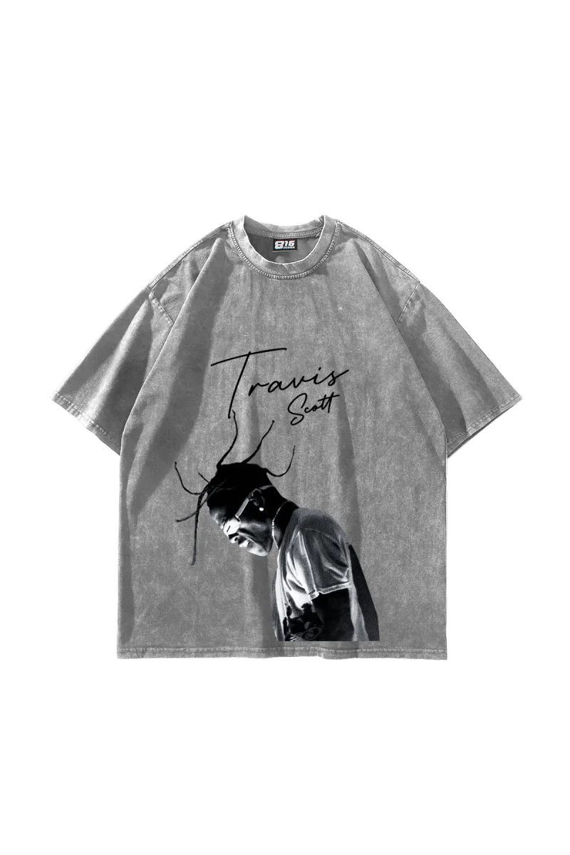 Travis Scott Baskılı Oversize Unisex Yıkamalı Beyaz Tshirt