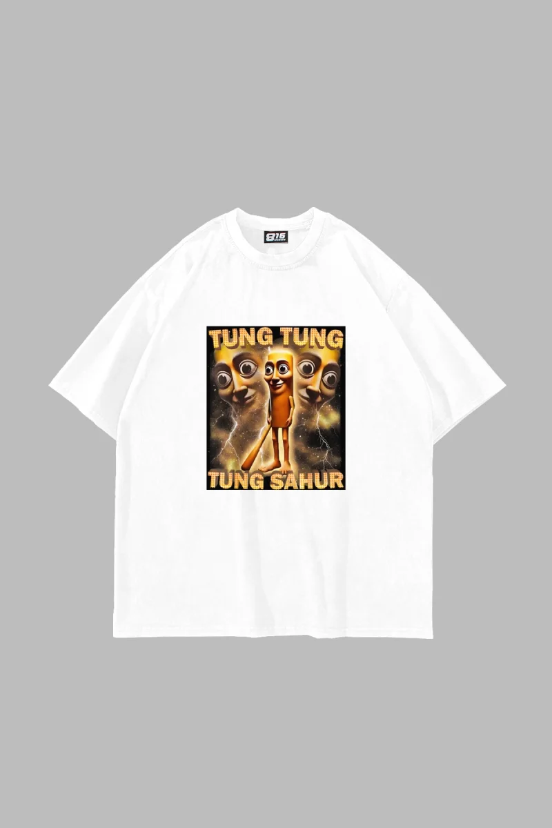 Tung Tung Tung Sahur Baskılı Oversize Unisex Beyaz Tshirt