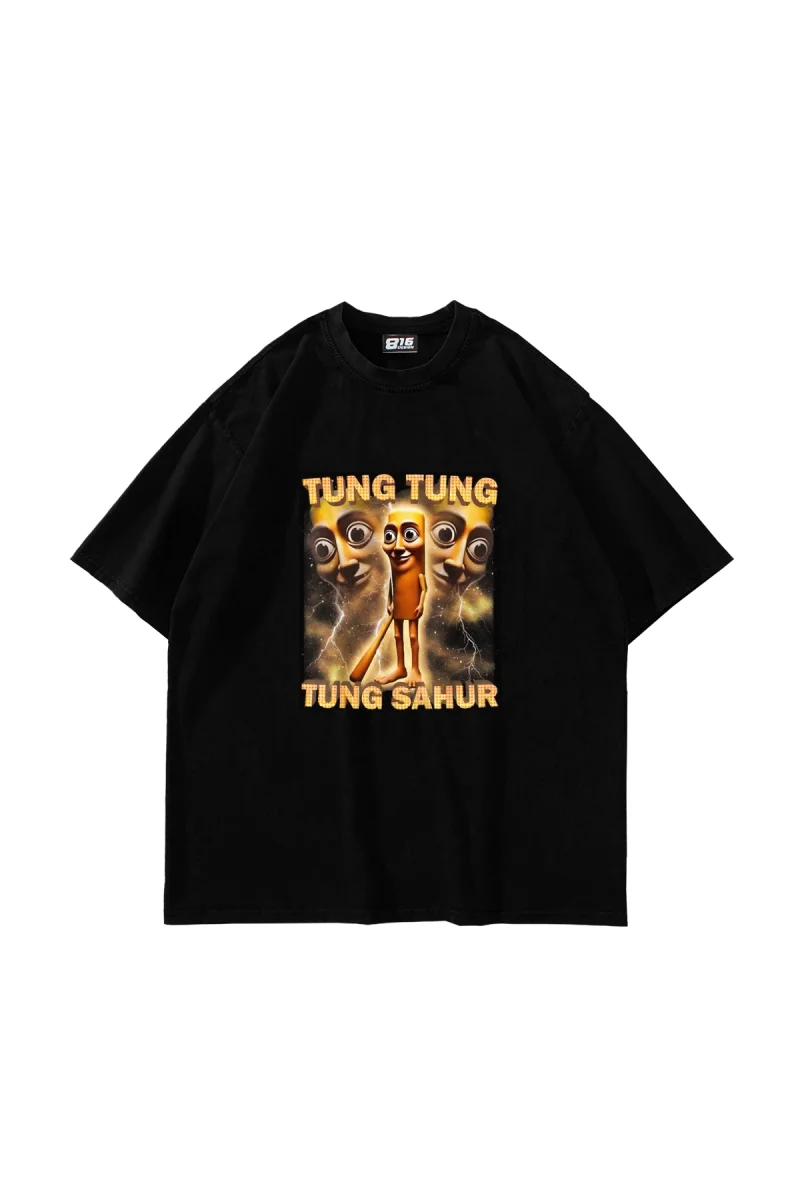 Tung Tung Tung Sahur Baskılı Oversize Unisex Siyah Tshirt
