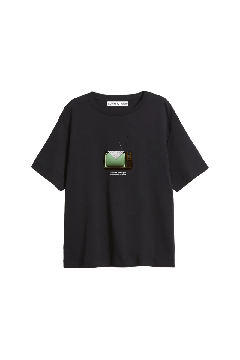 Turkish Nostalgia Baskılı Relaxed Fit Siyah Kadın Tshirt