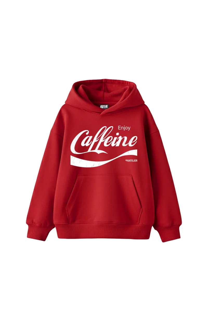 Caffeine Baskılı Oversize Unisex Kırmızı Hoodie