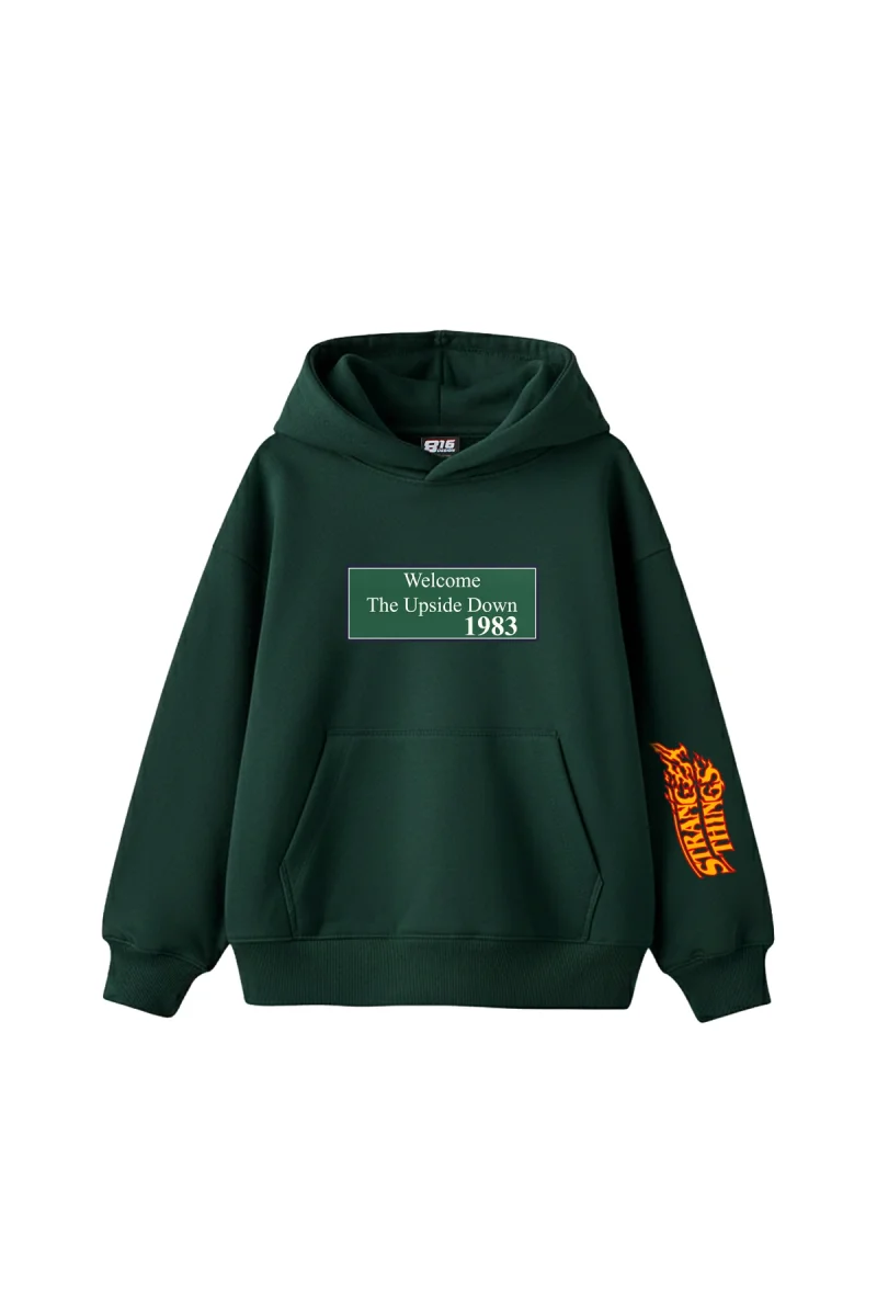 Upside Down Baskılı Oversize Unisex Koyu Yeşil Hoodie