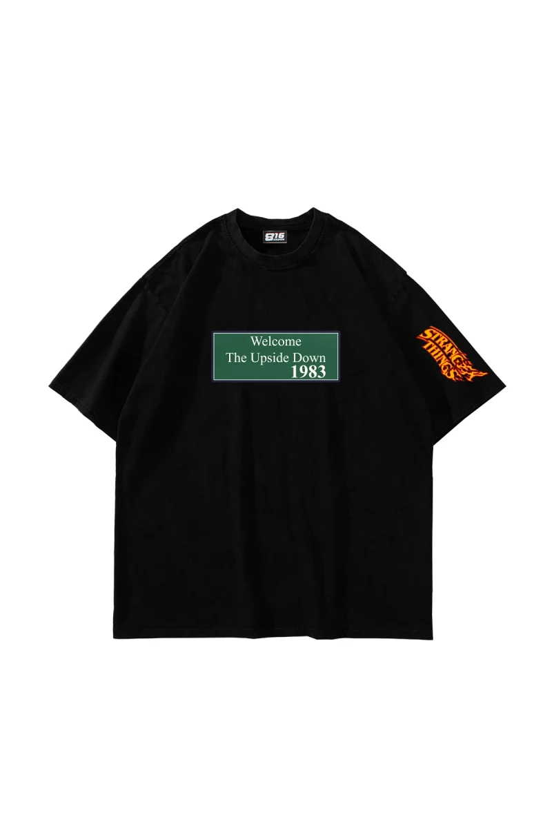 Upside Down Baskılı Oversize Unisex Siyah Tshirt