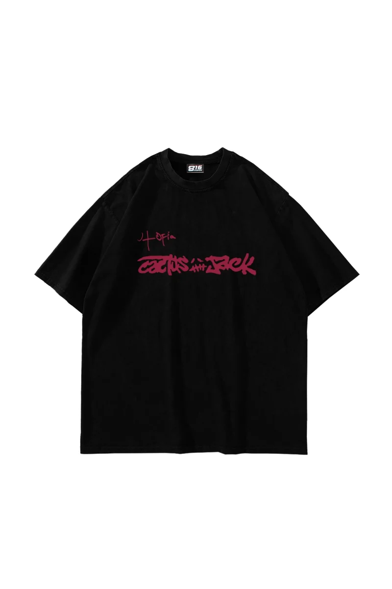 Utopia Cactus Jack Baskılı Oversize Unisex Siyah Tshirt