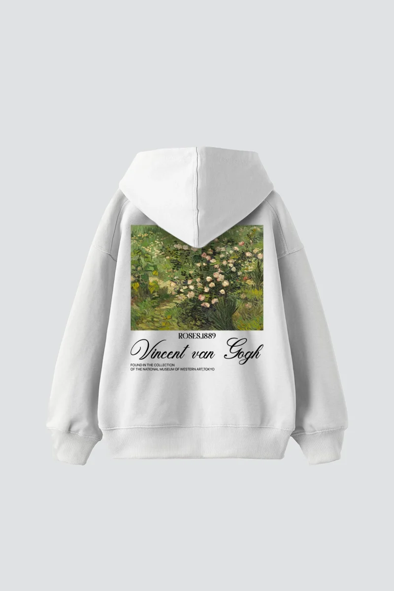 V. Van Gogh Roses Baskılı Oversize Unisex Beyaz Hoodie