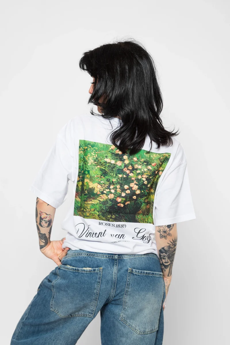 V. Van Gogh Roses Baskılı Oversize Unisex Beyaz Tshirt