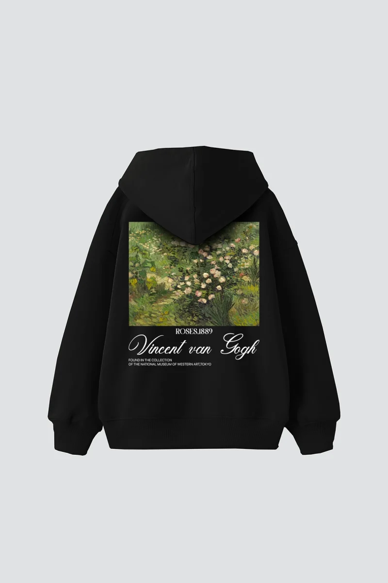 V. Van Gogh Roses Baskılı Oversize Unisex Siyah Hoodie