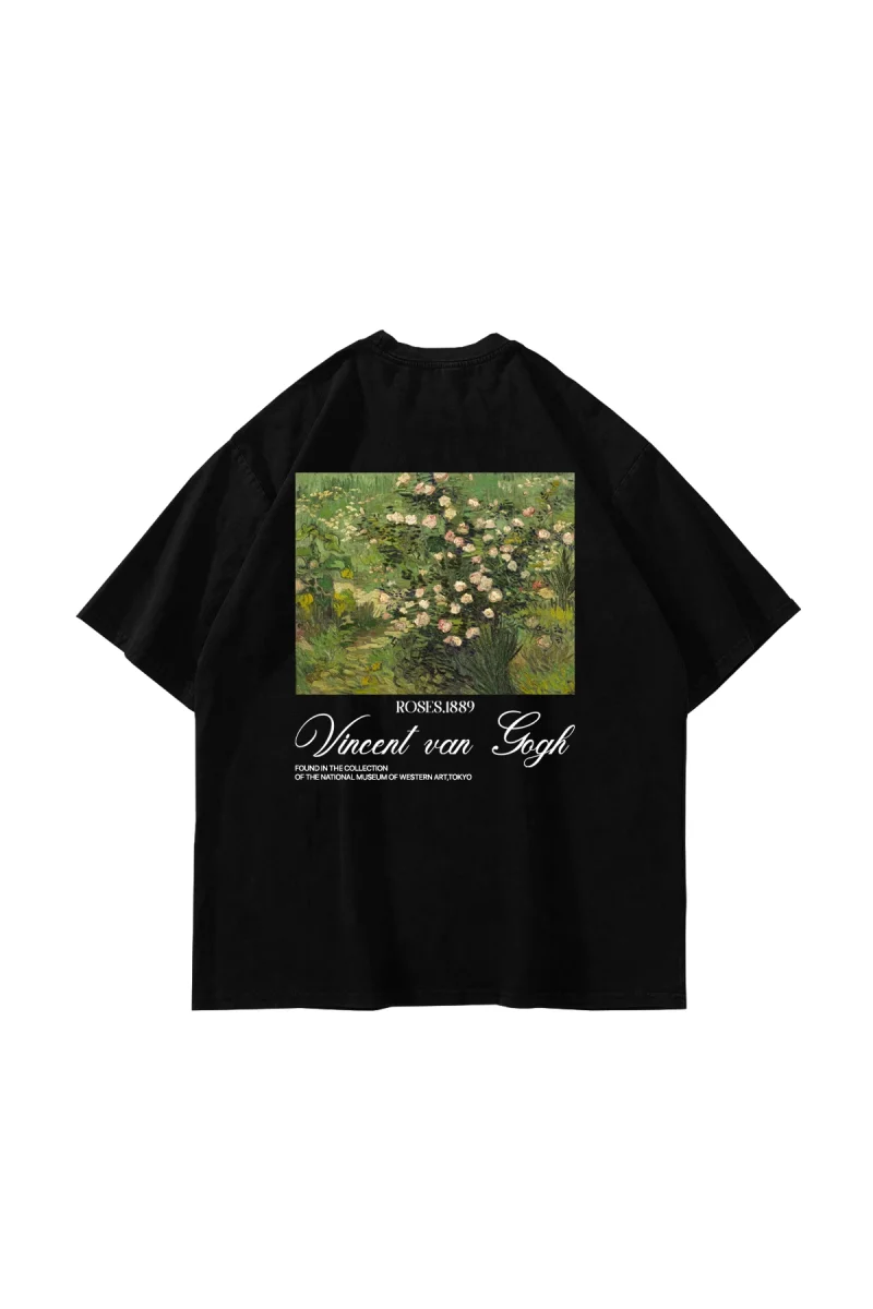 V. Van Gogh Roses Baskılı Oversize Unisex Siyah Tshirt