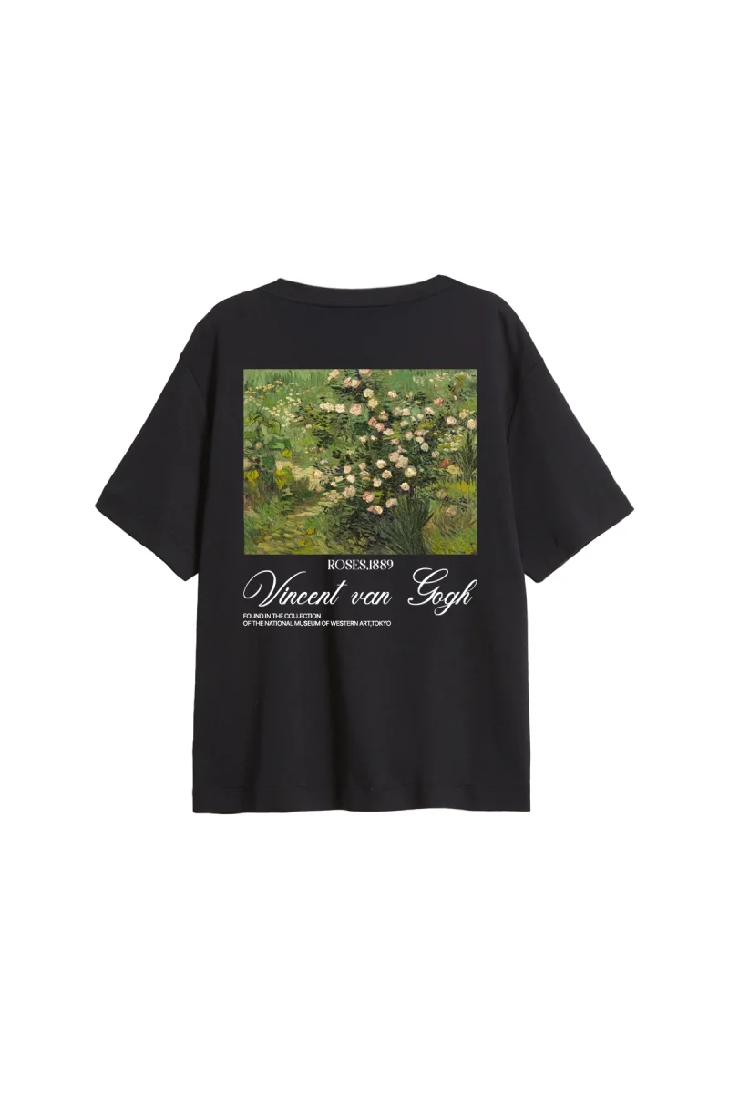 V. Van Gogh Roses Baskılı Relaxed Fit Siyah Kadın Tshirt