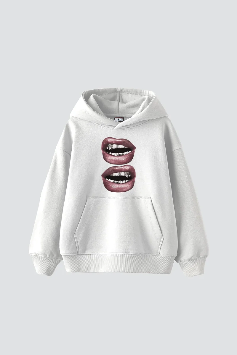 V2 Lip Teeths Baskılı Oversize Unisex Beyaz Hoodie