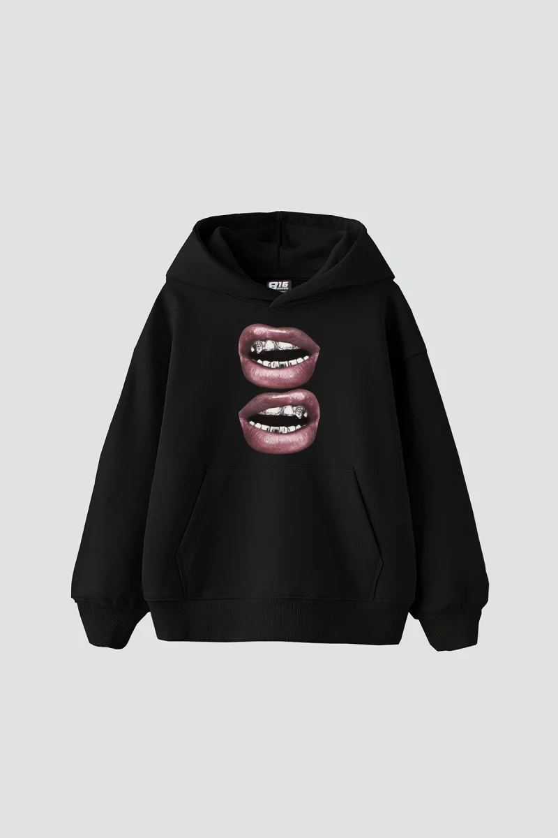 V2 Lip Teeths Baskılı Oversize Unisex Siyah Hoodie
