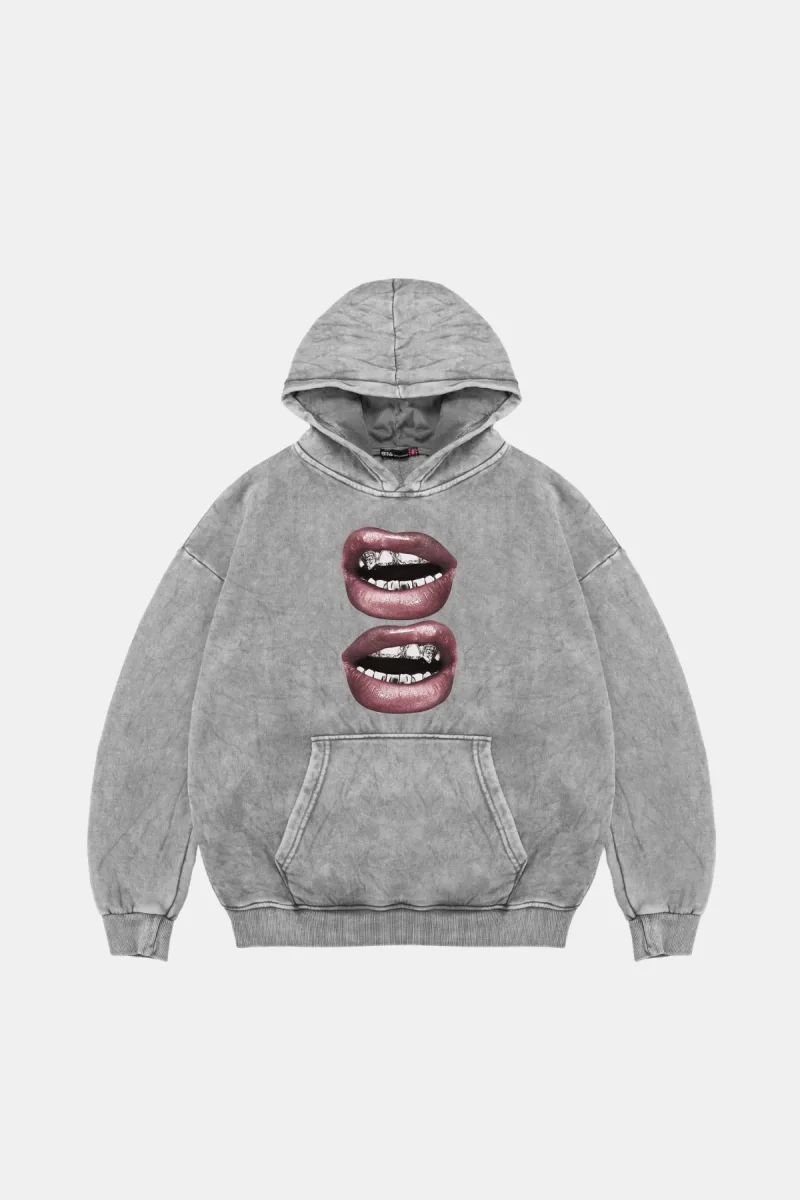 V2 Lip Teeths Baskılı Oversize Unisex Yıkamalı Beyaz Hoodie