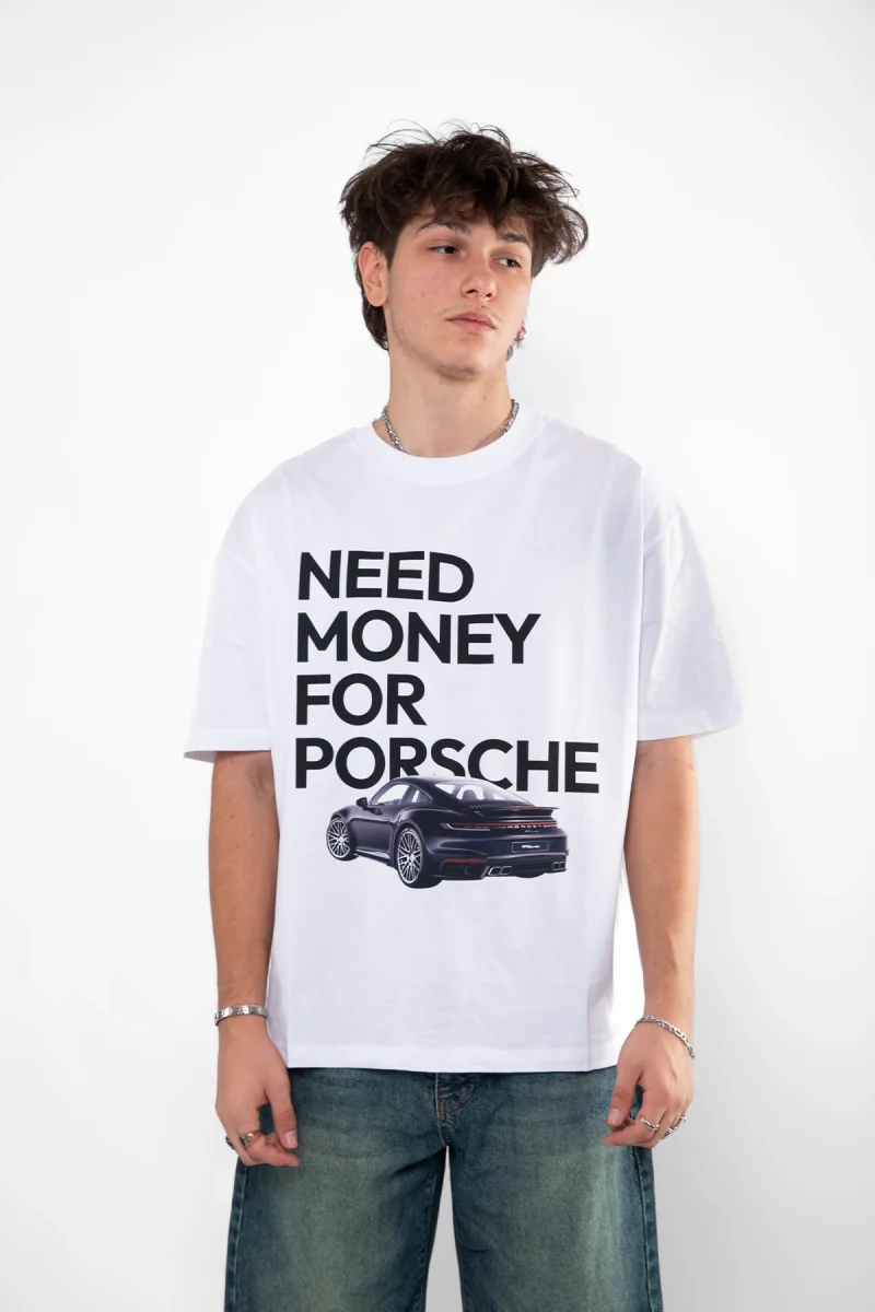 V2 Need Money For Porsche Baskılı Oversize Unisex Beyaz Tshirt