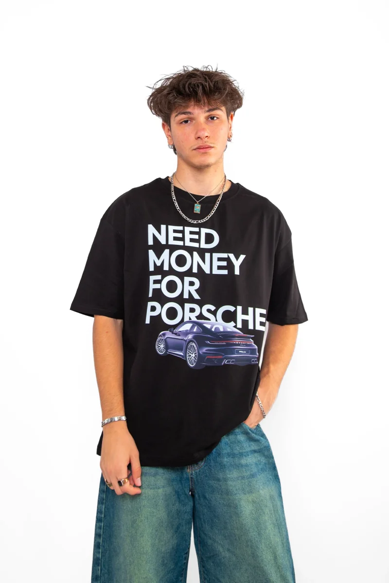 V2 Need Money For Porsche Baskılı Oversize Unisex Siyah Tshirt