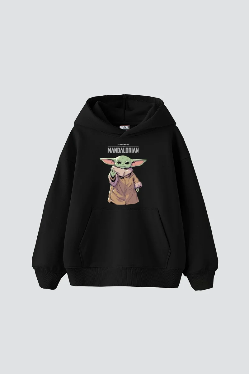 V2 The Mandalorian Yoda Baskılı Oversize Unisex Premium Siyah Hoodie