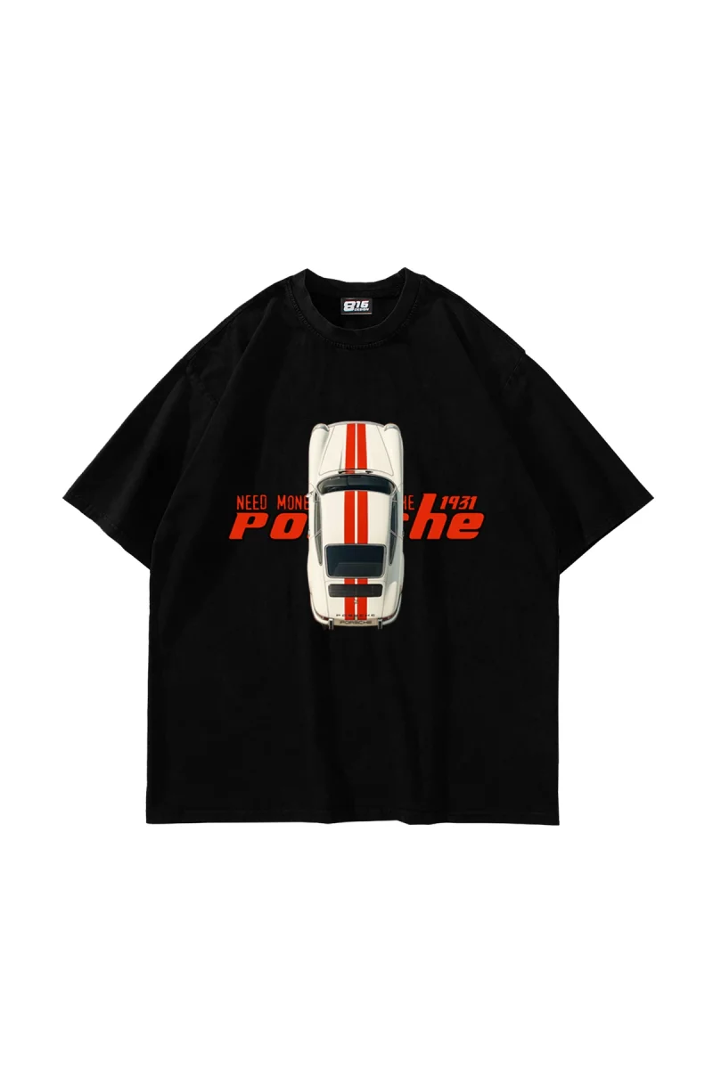 V3 Need Money For Porsche Baskılı Oversize Unisex Siyah Tshirt