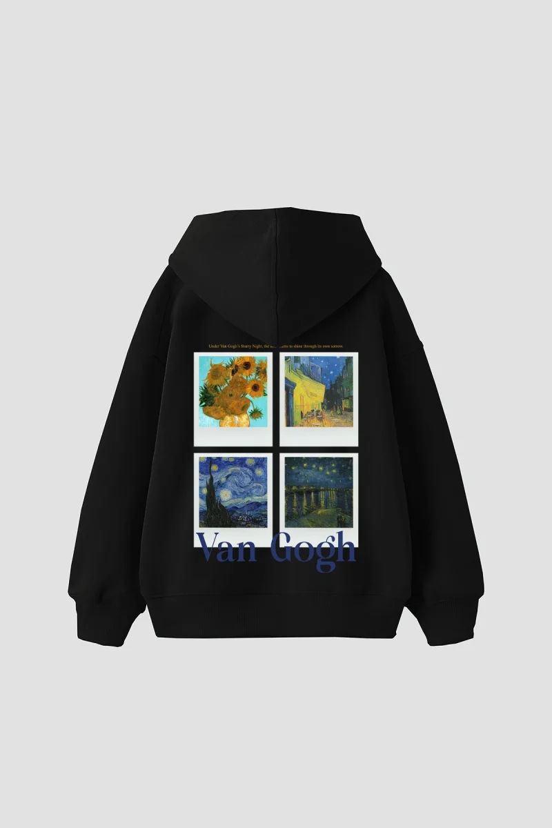 Van Gogh Polaroid Baskılı Oversize Unisex Siyah Hoodie