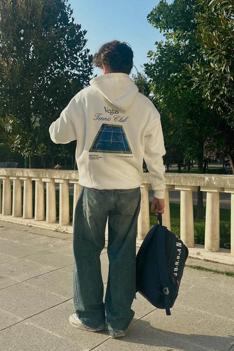 Vegas Tennis Club Baskılı Oversize Unisex Beyaz Hoodie