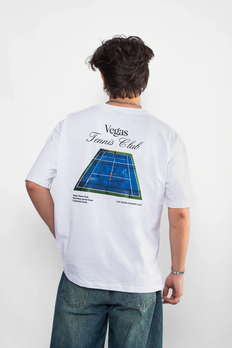 Vegas Tennis Club Baskılı Oversize Unisex Beyaz Tshirt
