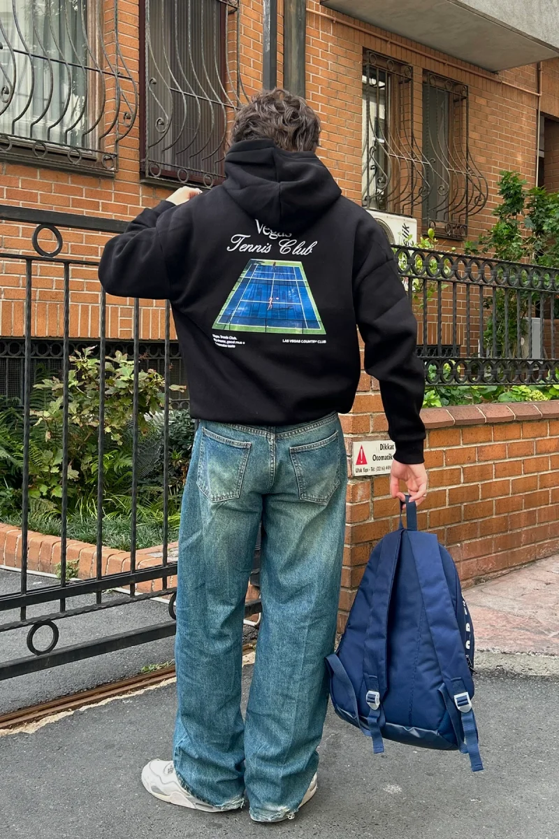 Vegas Tennis Club Baskılı Oversize Unisex Siyah Hoodie