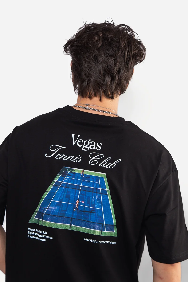 Vegas Tennis Club Baskılı Oversize Unisex Siyah Tshirt
