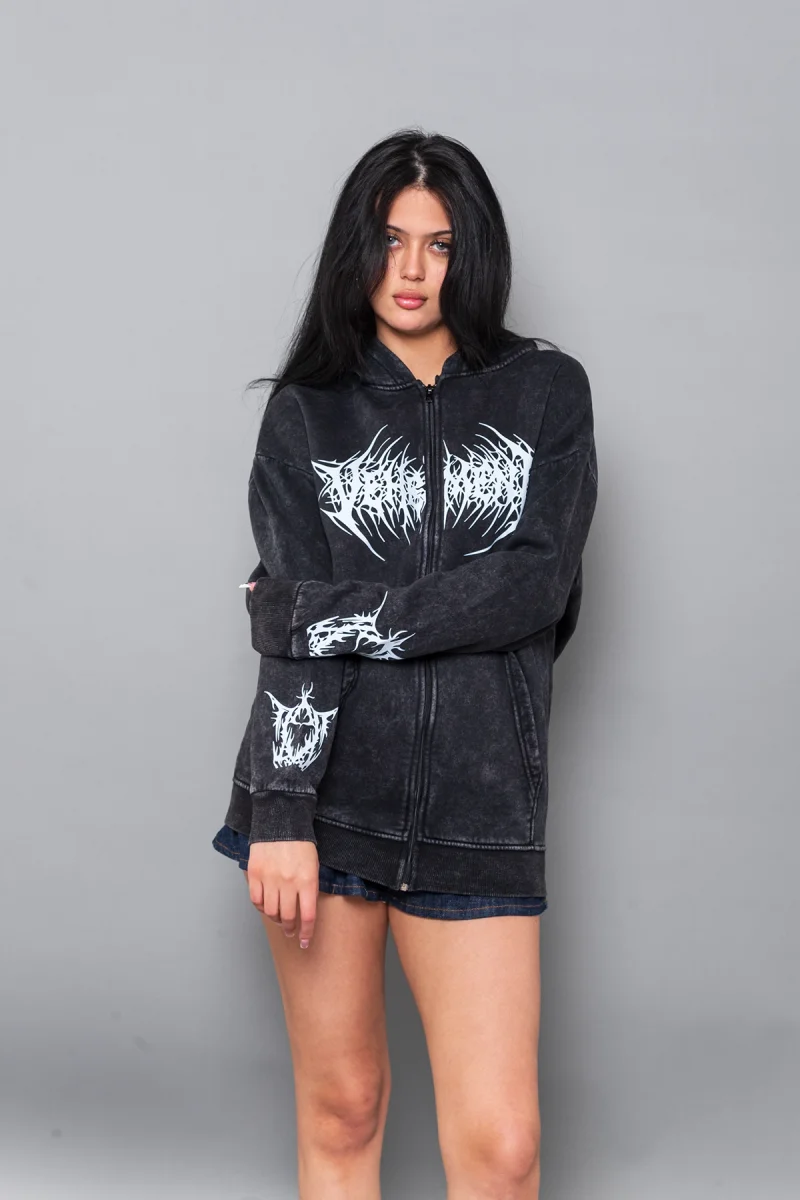 Vehement Baskılı Fermuarlı Zip Kapüşonlu Unisex Yıkamalı Siyah Sweatshirt