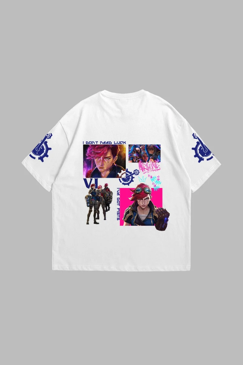 VI Arcane Baskılı Oversize Unisex Beyaz Tshirt